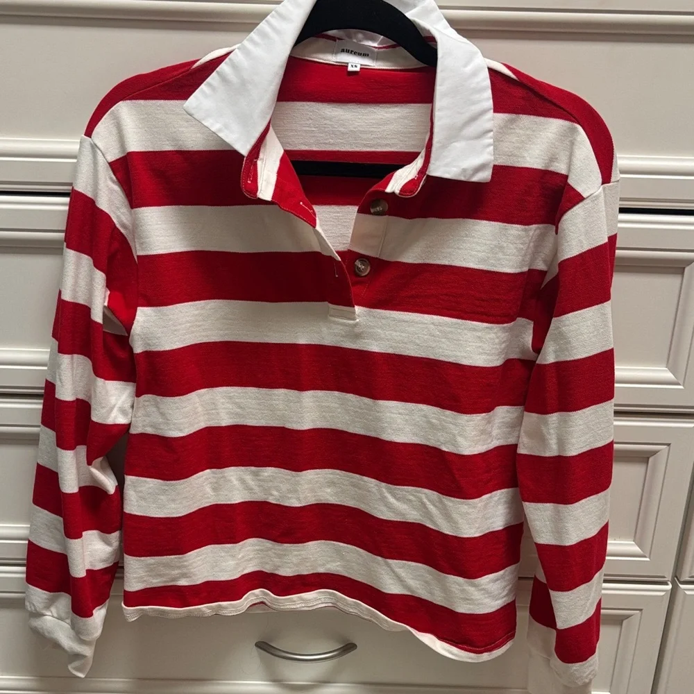 AUREUM Red and White Striped Polo - Picture 1 of 2